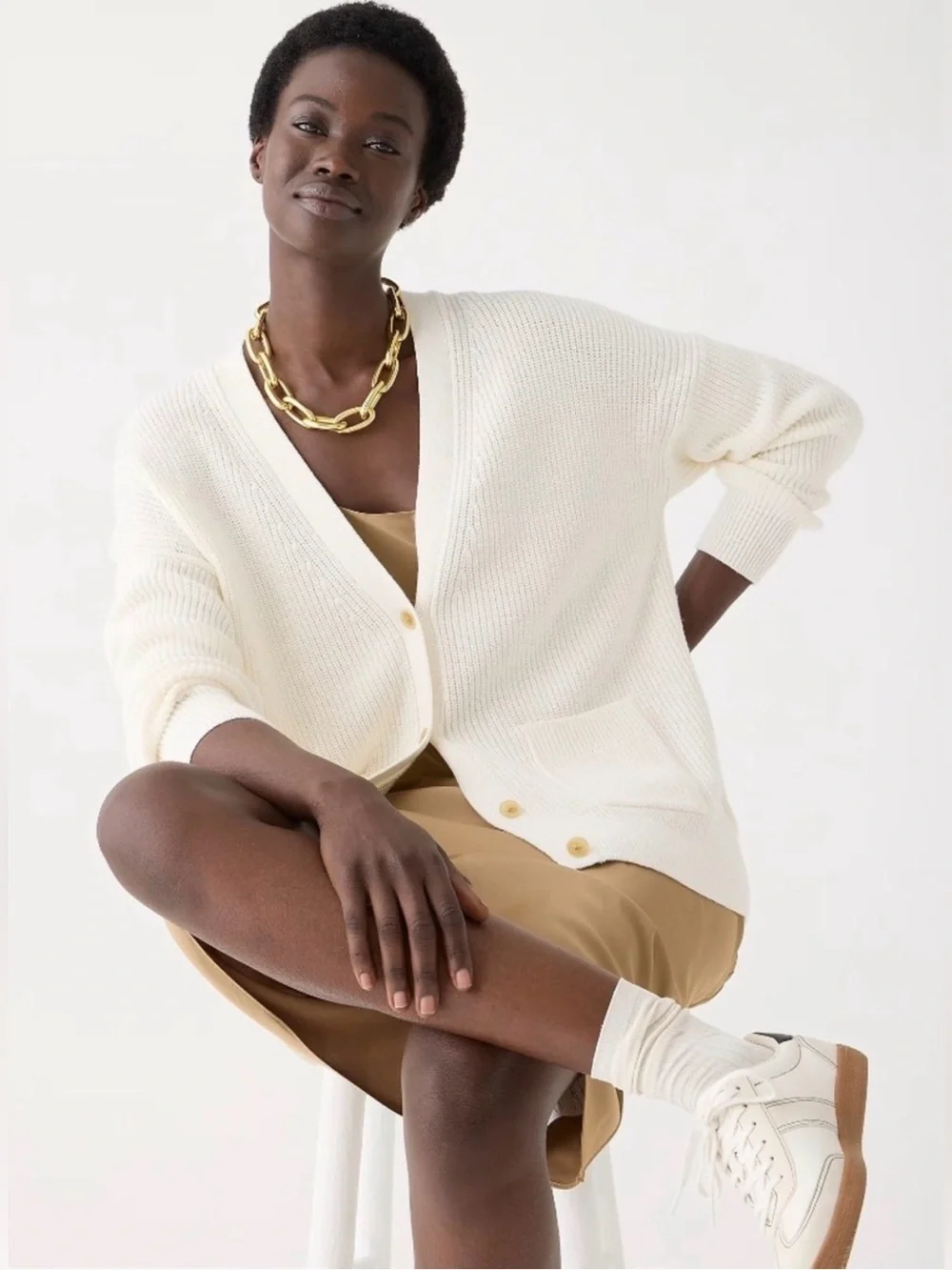 J. Crew Button-Front V-Neck Knit Cardigan Sweater Cotton/Cashmere Ivory Size XS